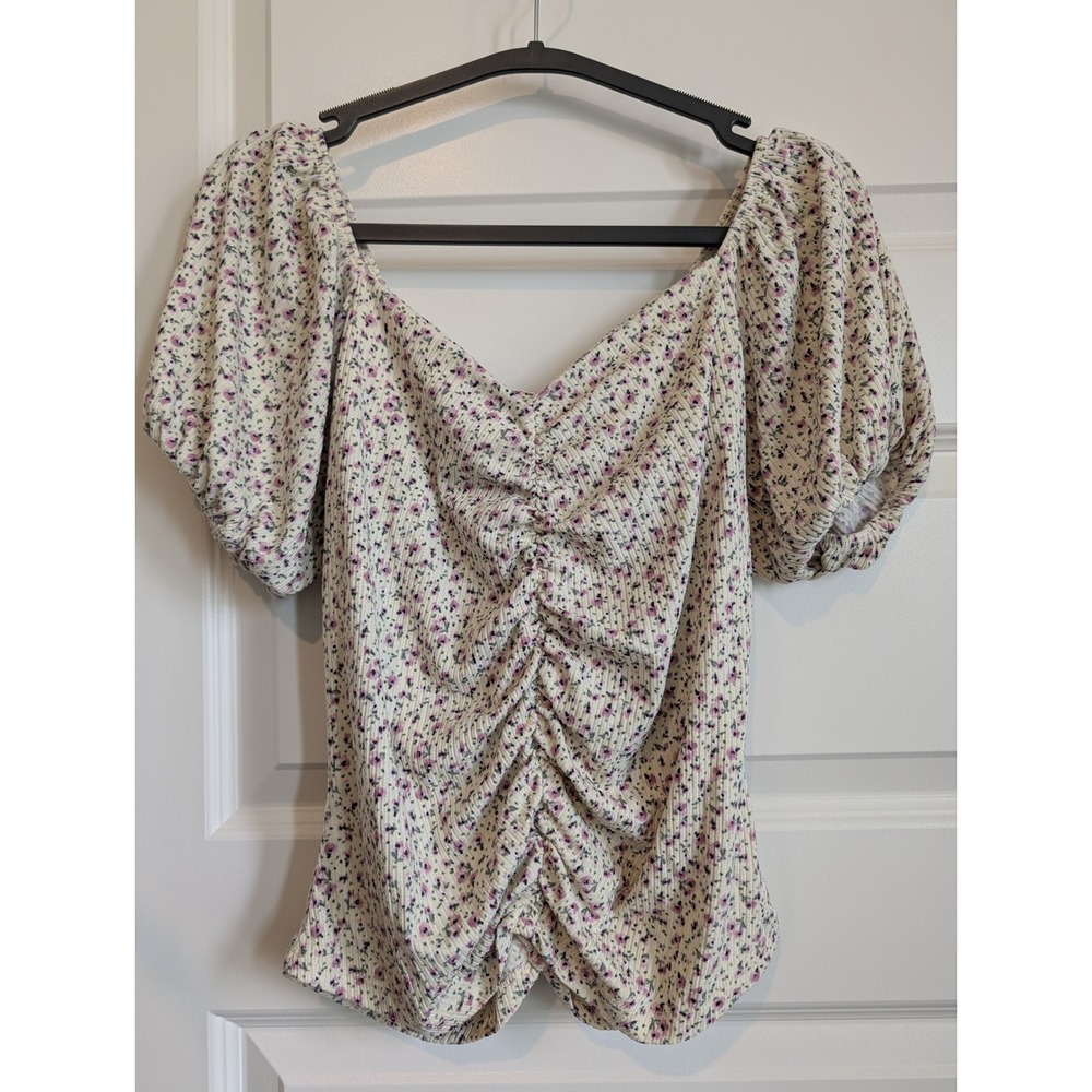 Vibe Sportswear Floral Puff Sleeve Ruched Ribbed Top